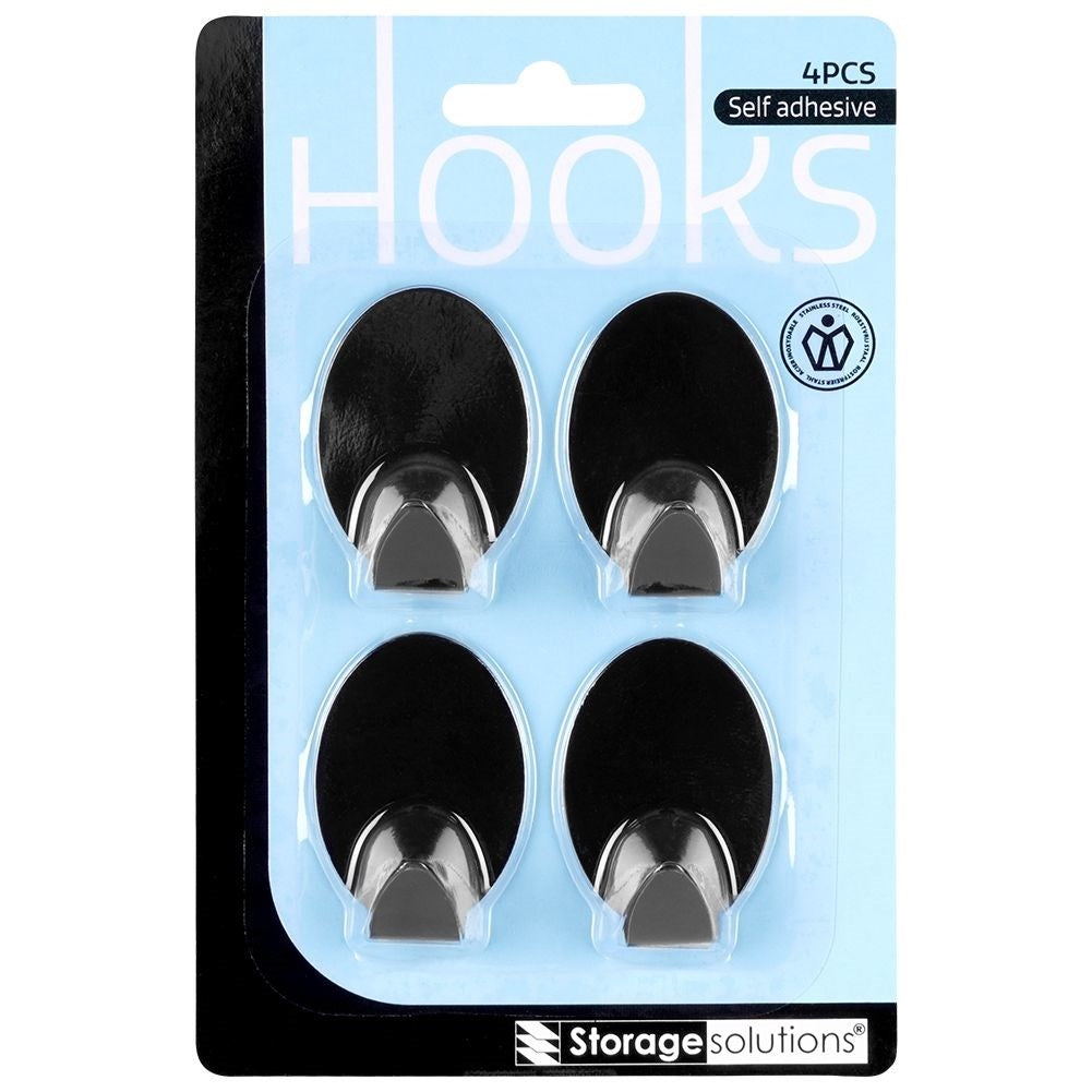Self-adhesive oval hooks in black matt stainless steel, 4-pack