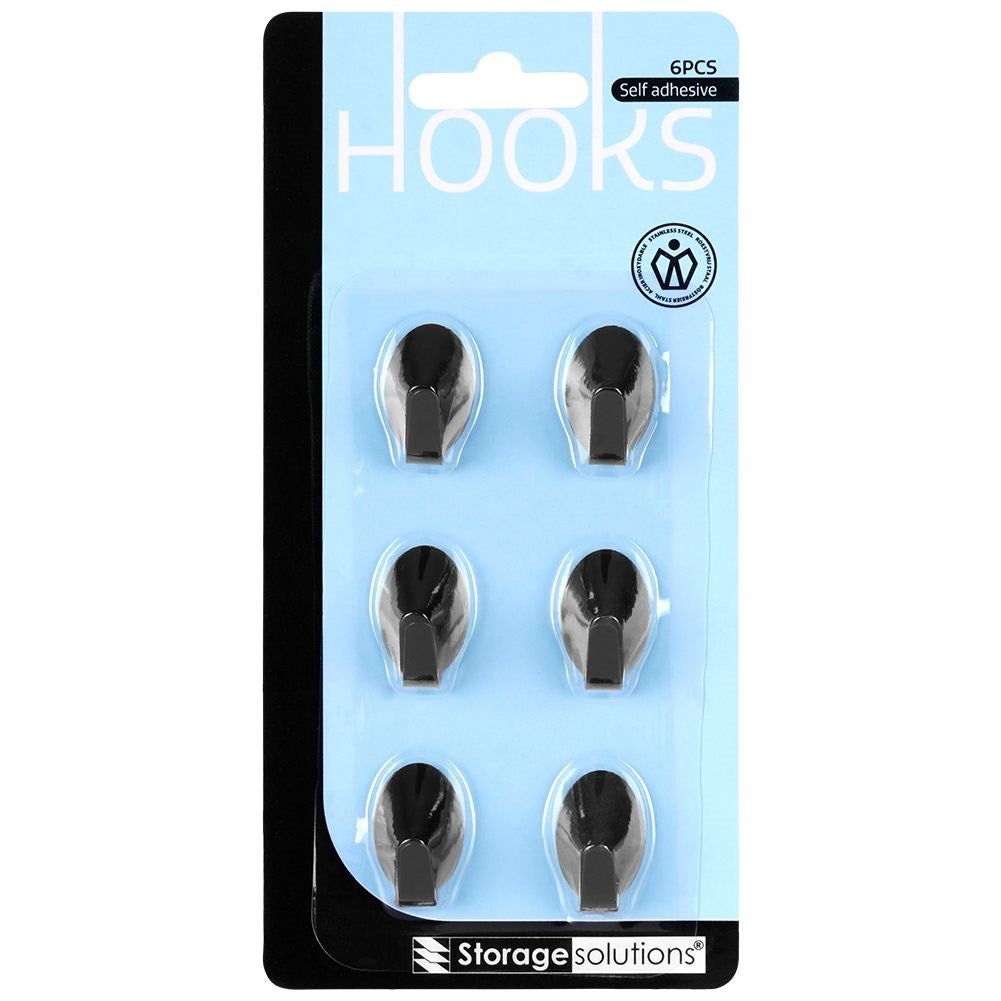 Self-adhesive oval hooks in black stainless steel, 6-pack