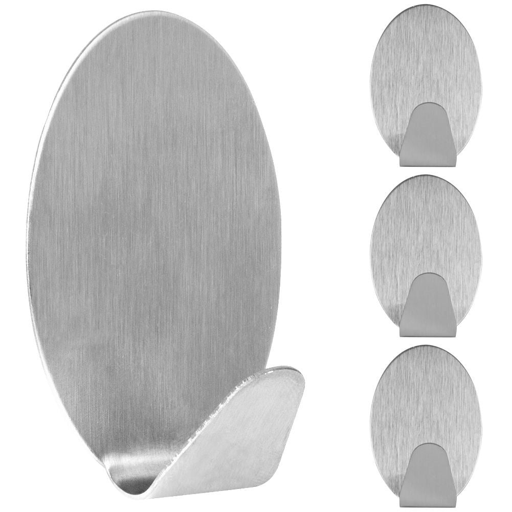 Self-adhesive oval hooks in matt stainless steel, 4-pack