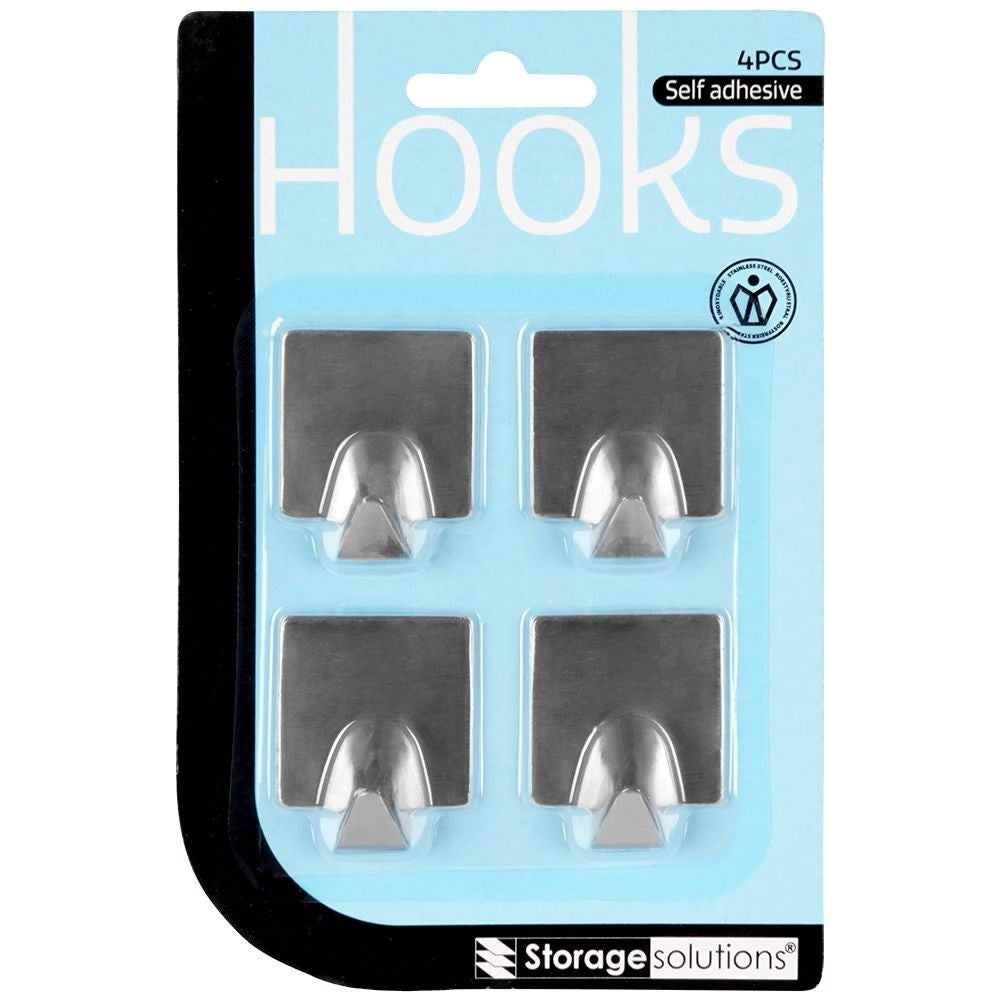 Self-adhesive square hooks in matt stainless steel, 4-pack