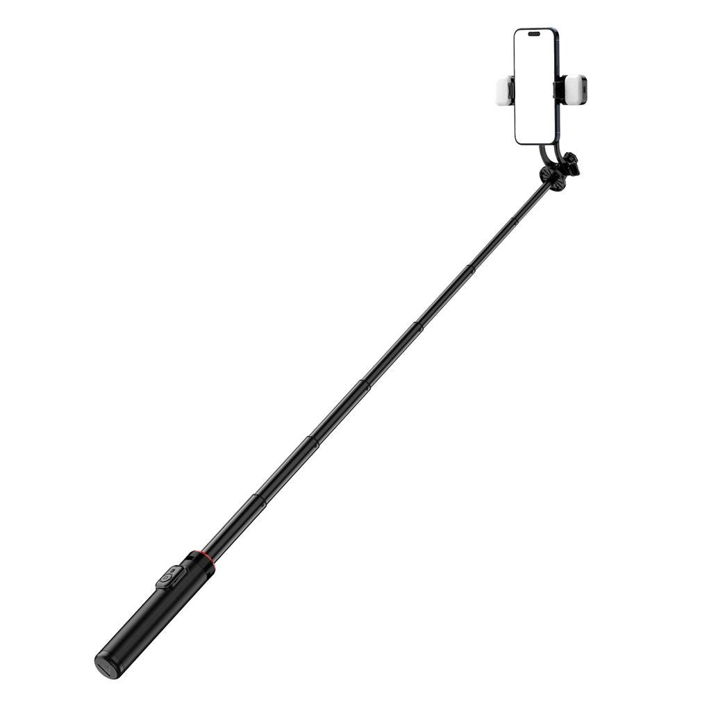 Selfie stick / Telescopic tripod with lamp phone holder, 1.3m - black
