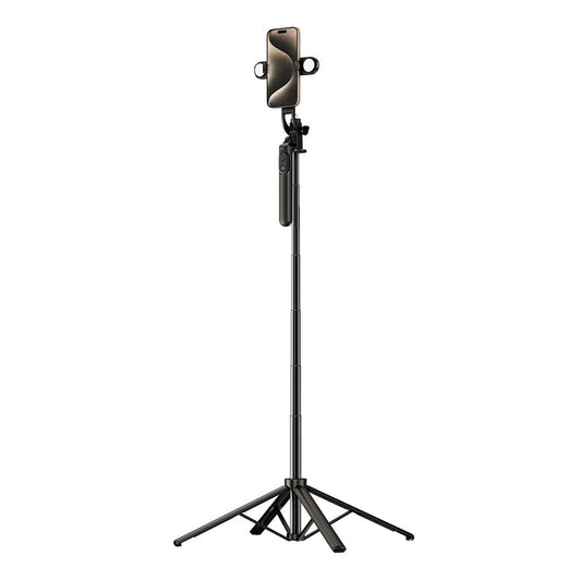 Selfie stick / Telescopic tripod with lamps and phone holder, 1.75m - black