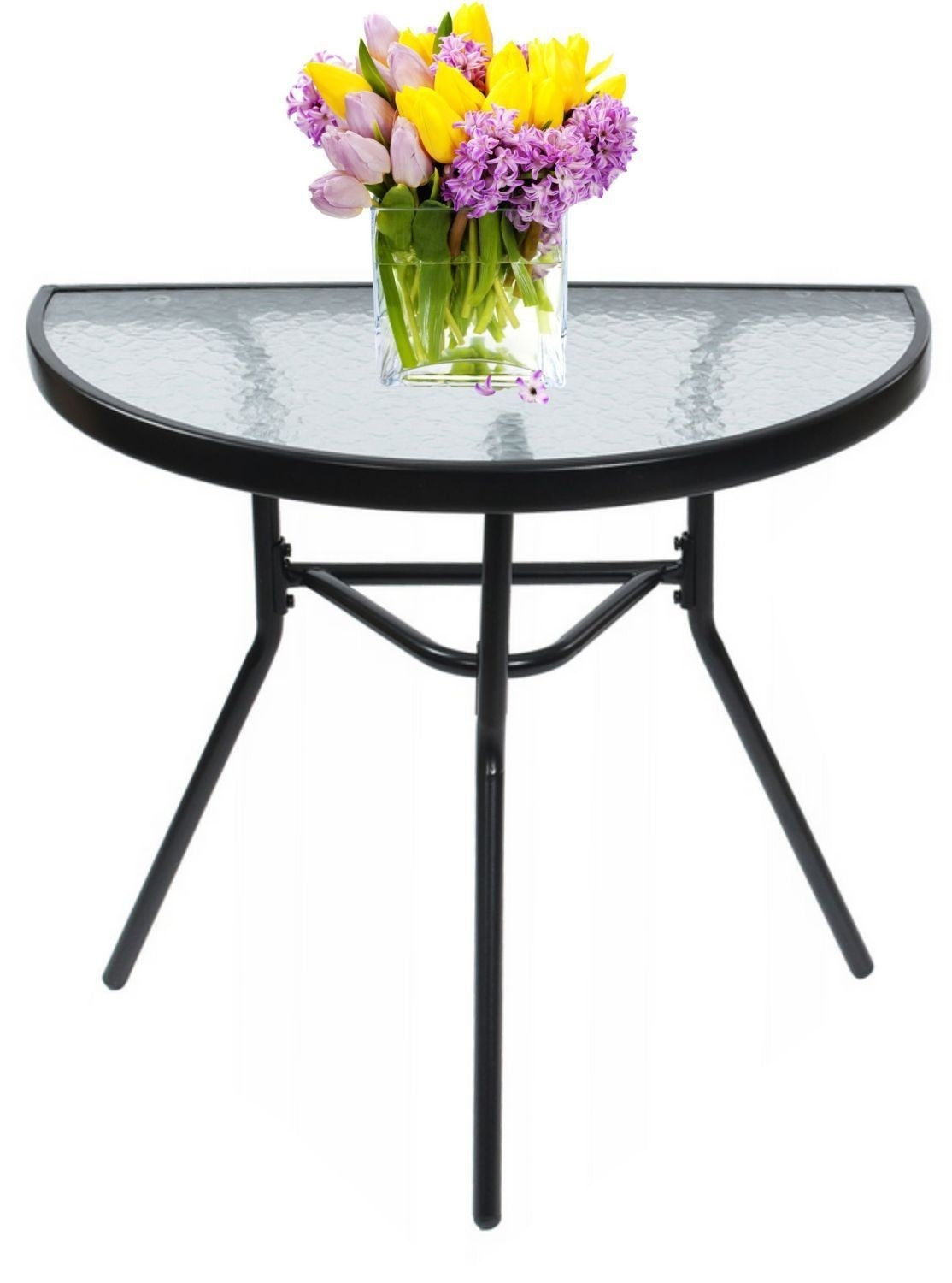 Semi-circular black glass coffee table for balcony, terrace, patio