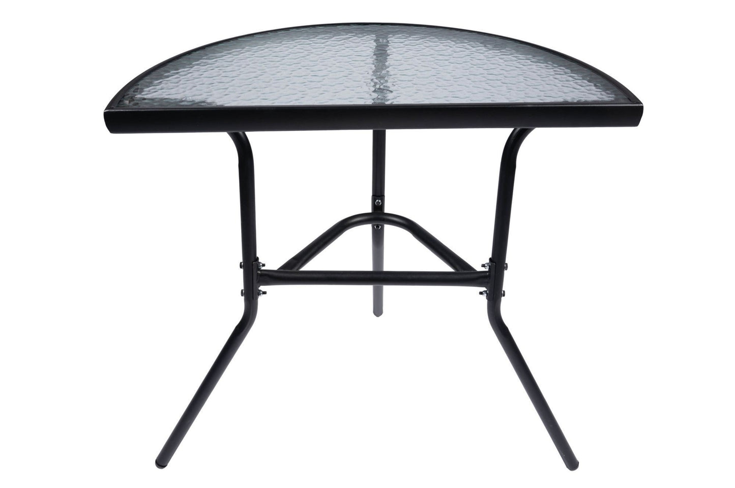 Semi-circular black glass coffee table for balcony, terrace, patio