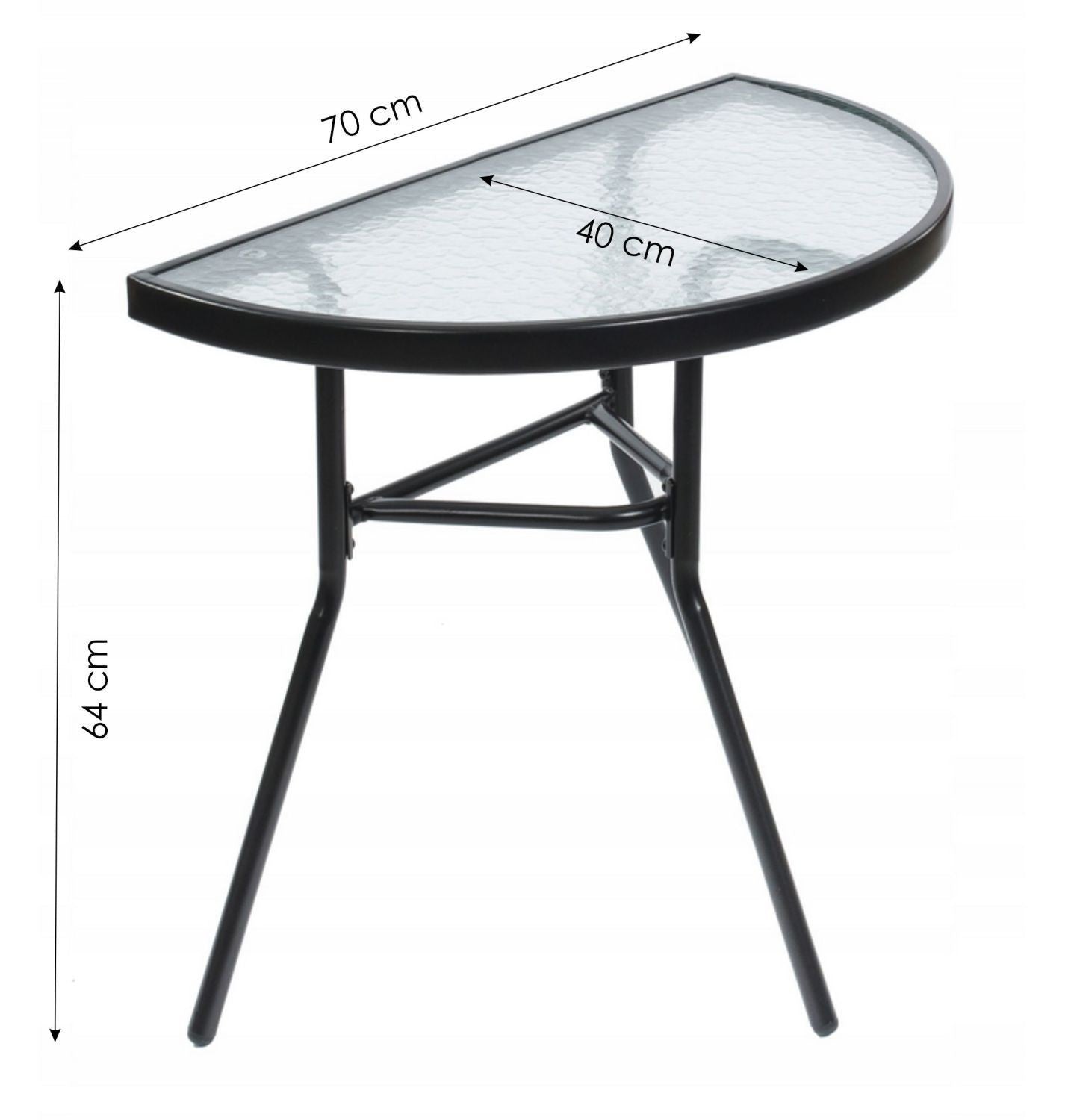Semi-circular black glass coffee table for balcony, terrace, patio
