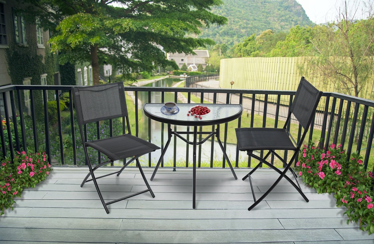 Semi-circular black glass coffee table for balcony, terrace, patio