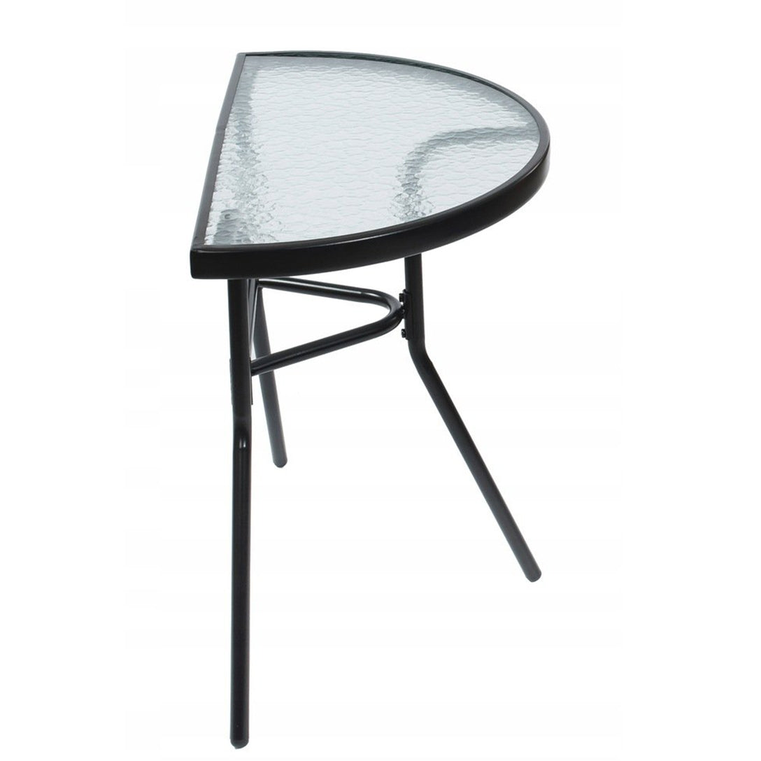 Semi-circular black glass coffee table for balcony, terrace, patio
