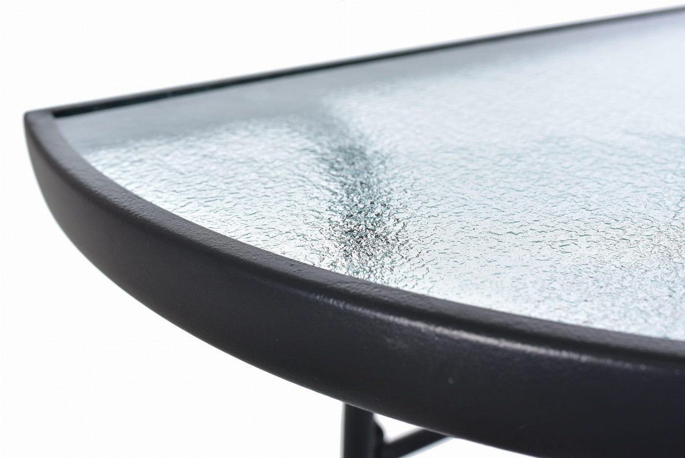 Semi-circular black glass coffee table for balcony, terrace, patio