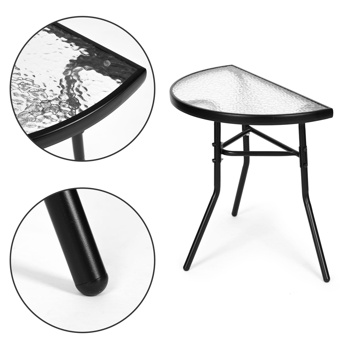 Semi-round glass coffee table for balcony, terrace, patio, black