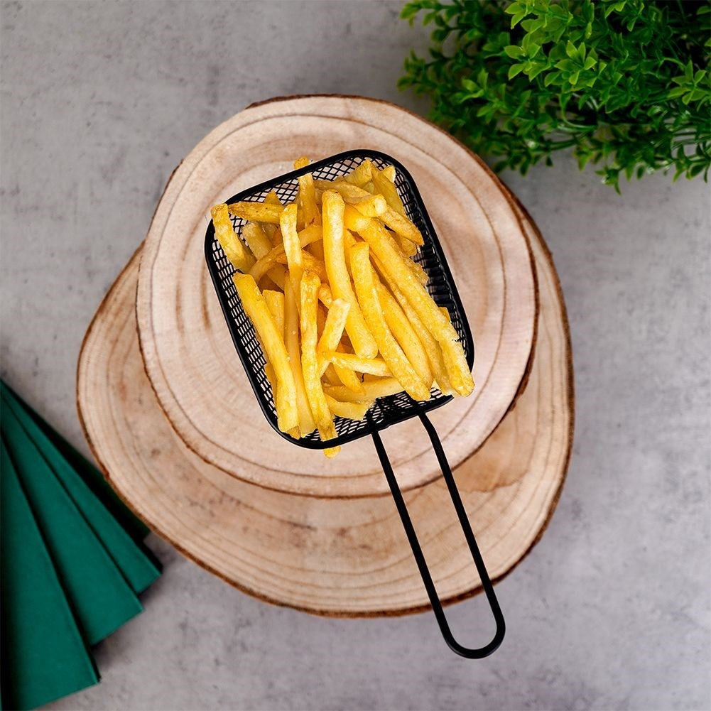 Serving basket in stainless steel with handle and black finish