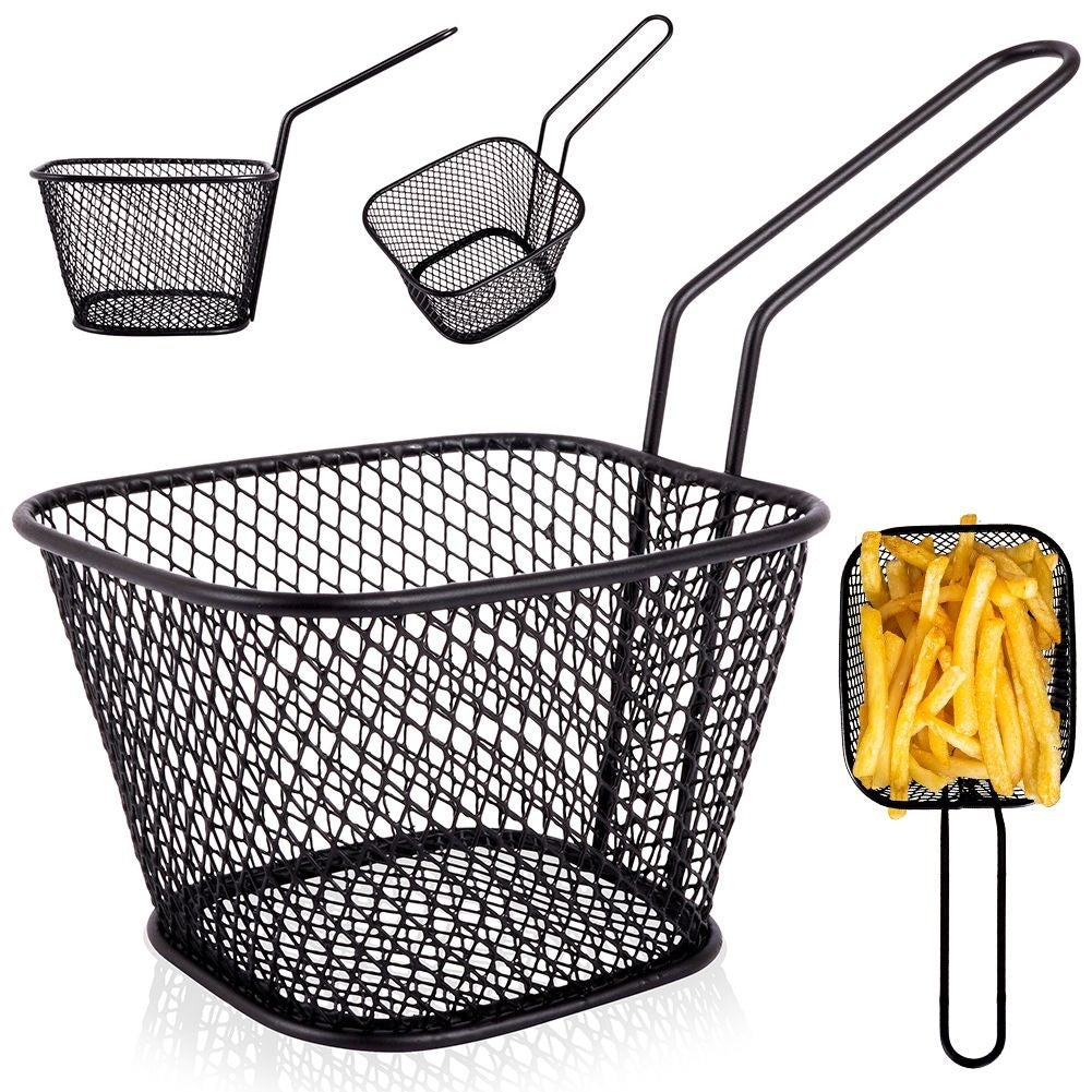 Serving basket in stainless steel with handle and black finish