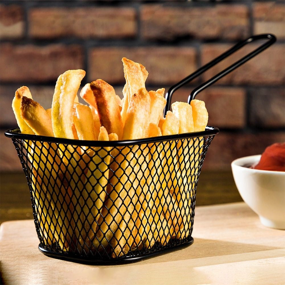 Serving basket in stainless steel with handle and black finish