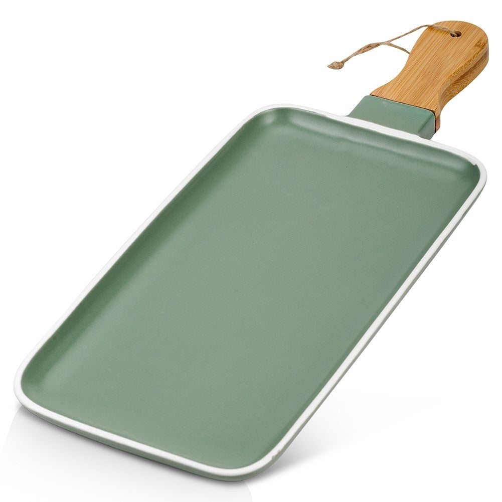 Serving dish in Green Porcelain with Bamboo Handle