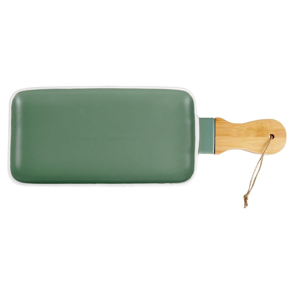 Serving dish in Green Porcelain with Bamboo Handle