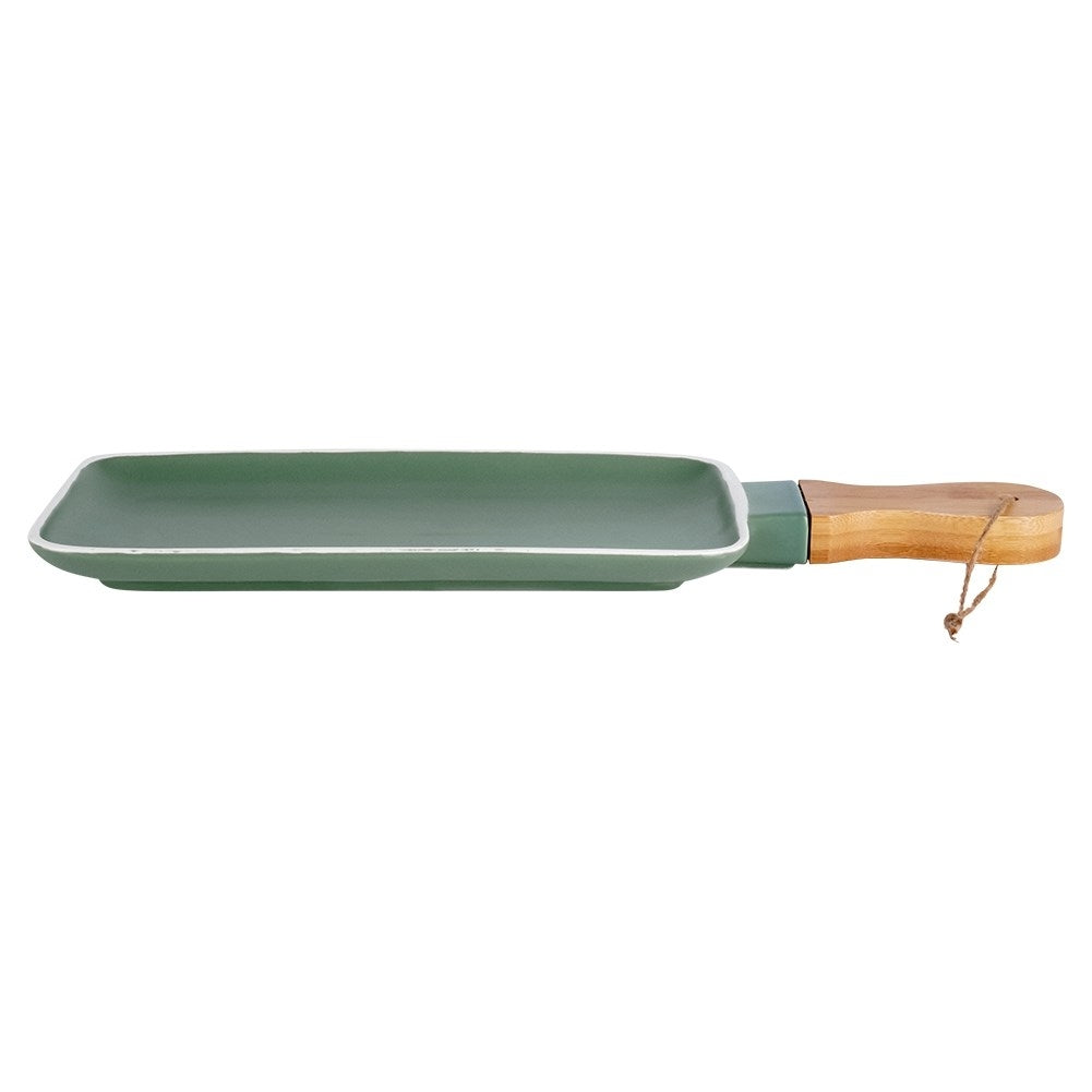 Serving dish in Green Porcelain with Bamboo Handle