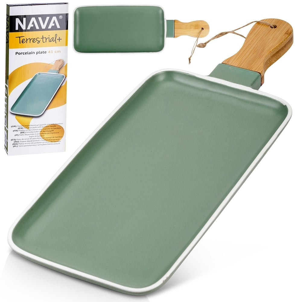 Serving dish in Green Porcelain with Bamboo Handle