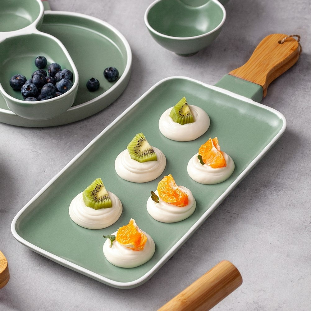 Serving dish in Green Porcelain with Bamboo Handle