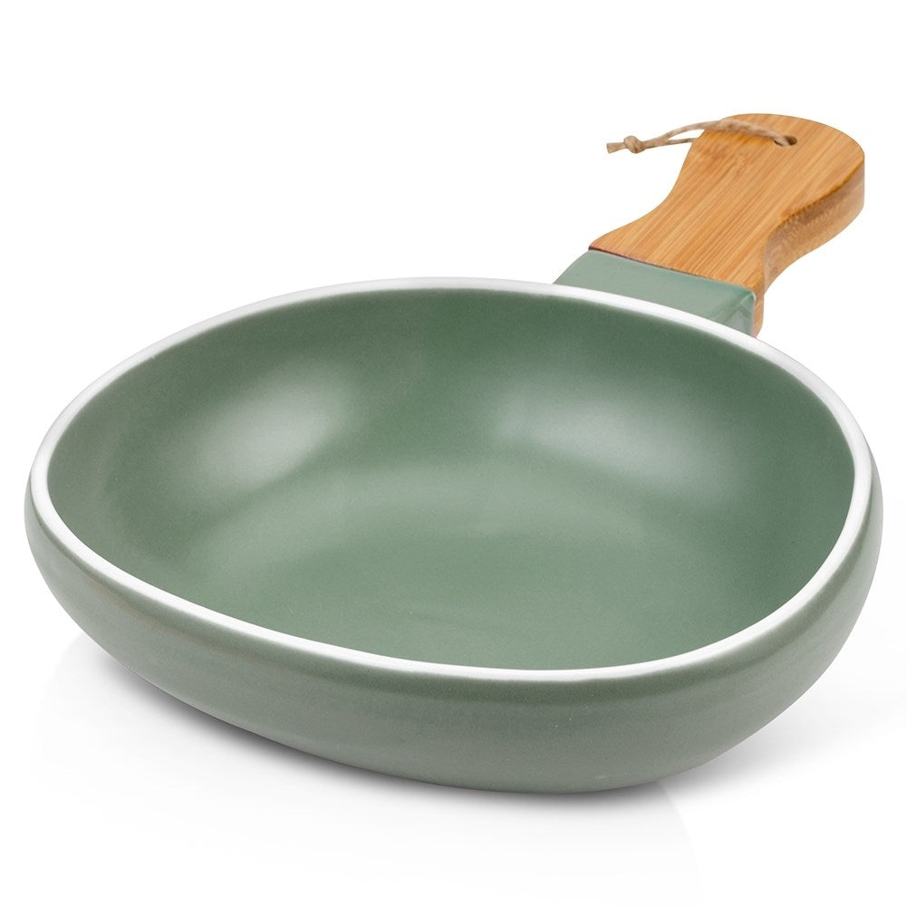 Serving dish in porcelain with handle and bamboo insert