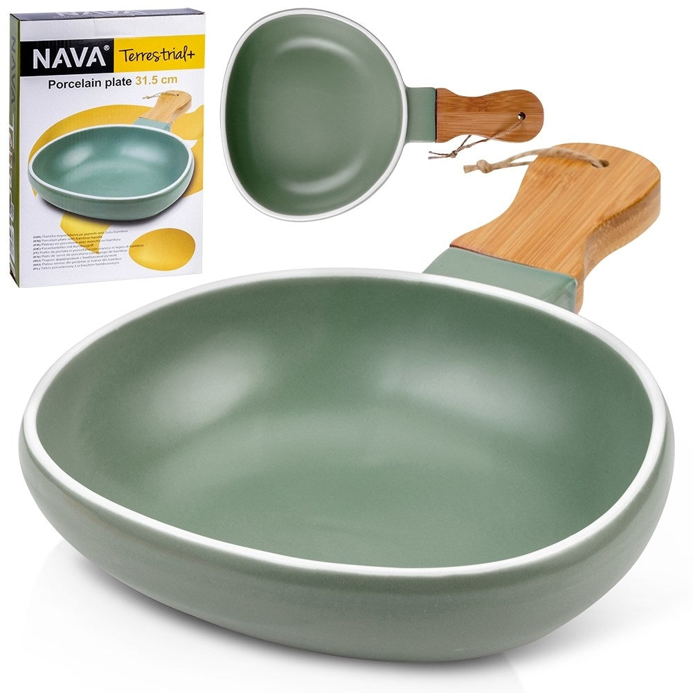Serving dish in porcelain with handle and bamboo insert