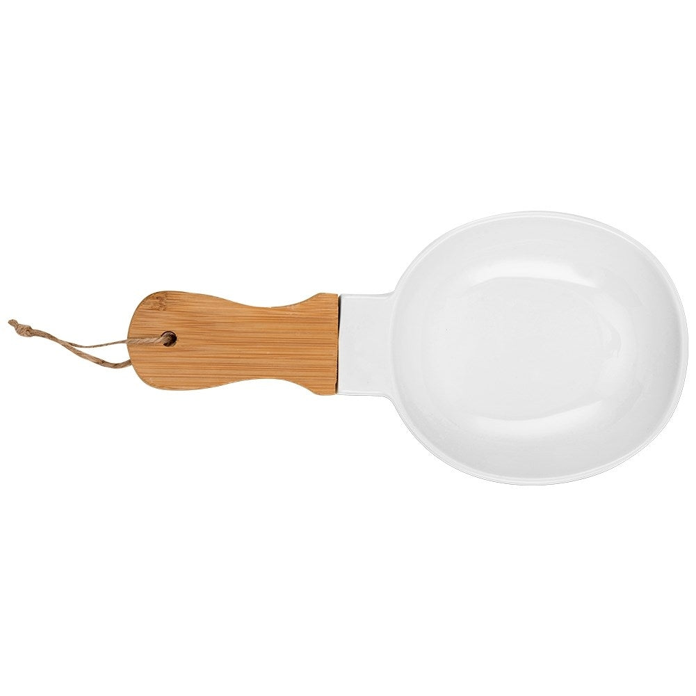 Serving dish in white porcelain and bamboo with handle