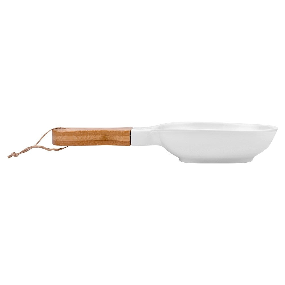 Serving dish in white porcelain and bamboo with handle