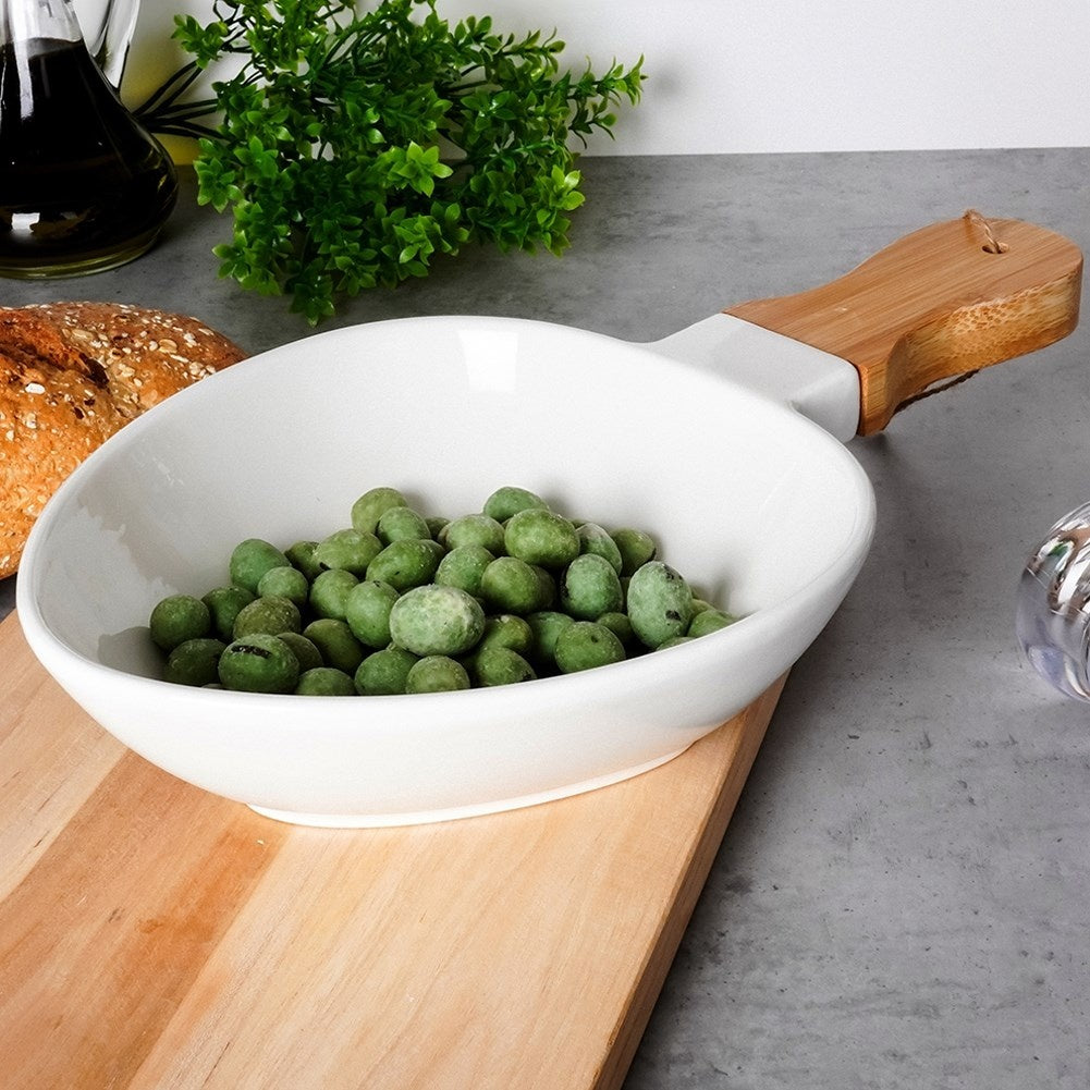 Serving dish with Handle in Porcelain and Bamboo
