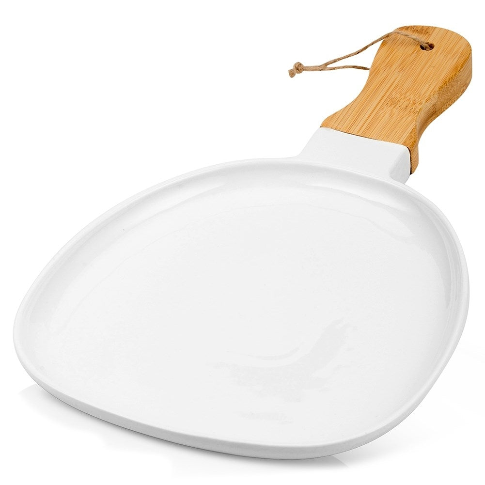Serving dish with handle in white porcelain and bamboo wood