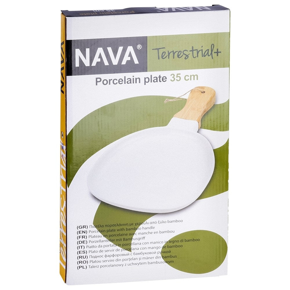 Serving dish with handle in white porcelain and bamboo wood