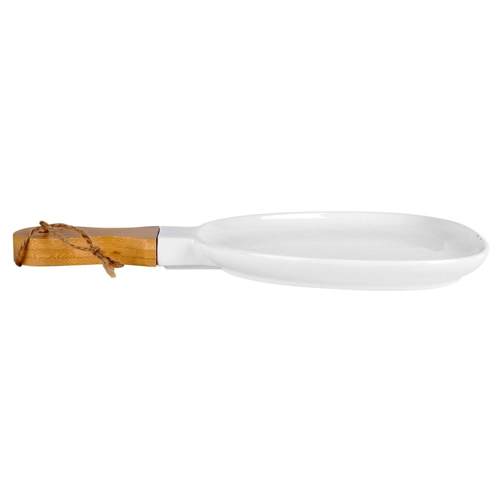 Serving dish with handle in white porcelain and bamboo wood