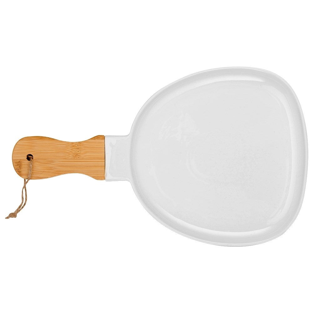 Serving dish with handle in white porcelain and bamboo wood