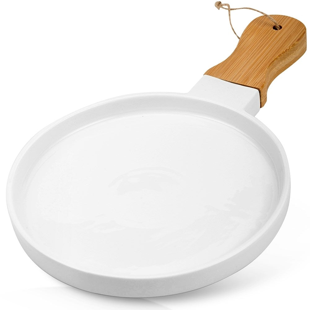 Serving dish with handles in porcelain and bamboo for dishes/snacks
