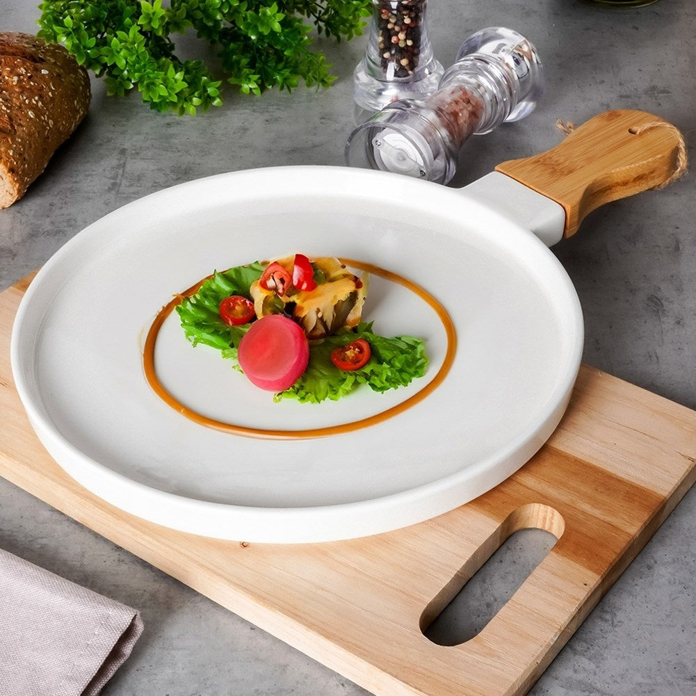 Serving dish with handles in porcelain and bamboo for dishes/snacks