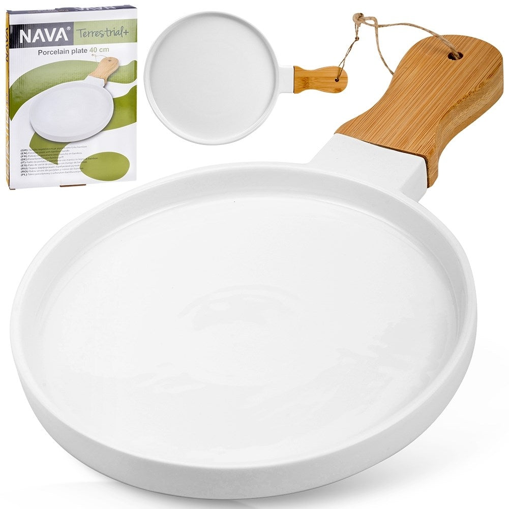 Serving dish with handles in porcelain and bamboo for dishes/snacks