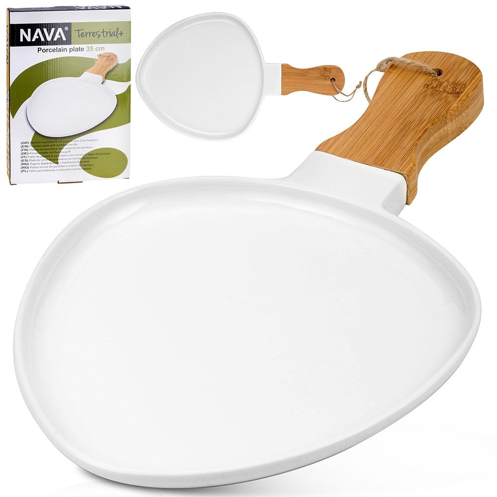 Serving platter in Porcelain and Bamboo with Handle for Snacks