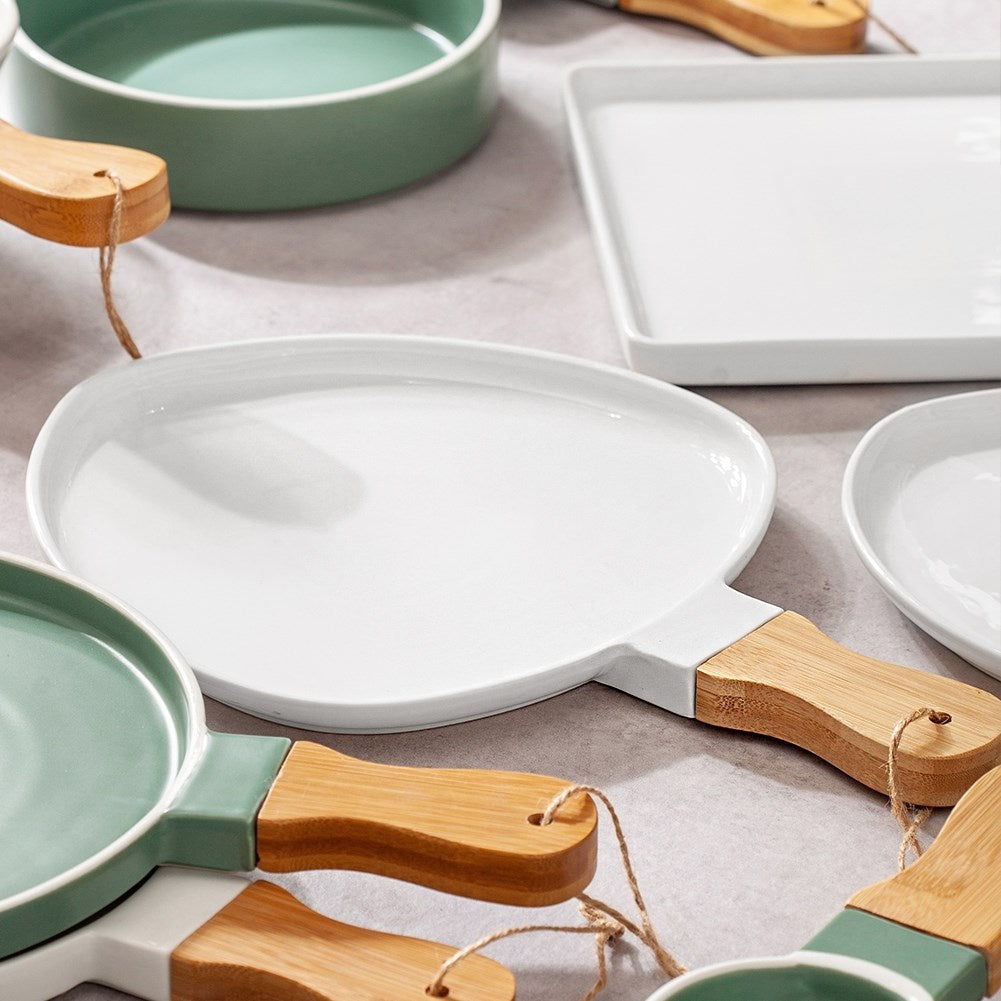 Serving platter in Porcelain and Bamboo with Handle for Snacks