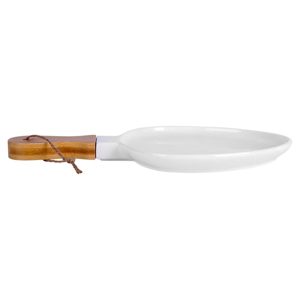 Serving platter in Porcelain and Bamboo with Handle for Snacks