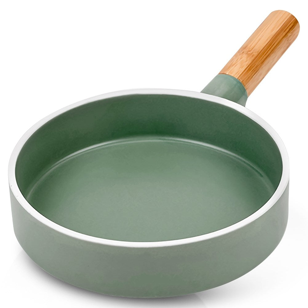Serving platter in green porcelain and bamboo with handle
