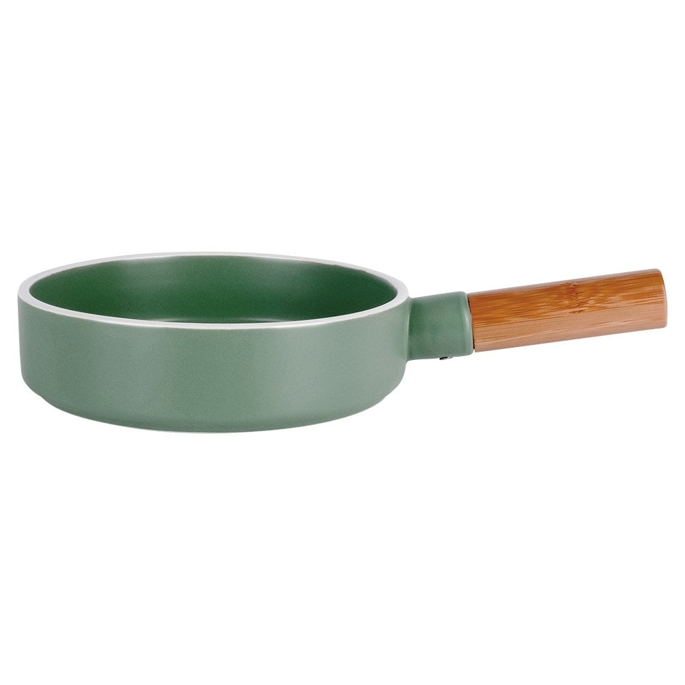 Serving platter in green porcelain and bamboo with handle