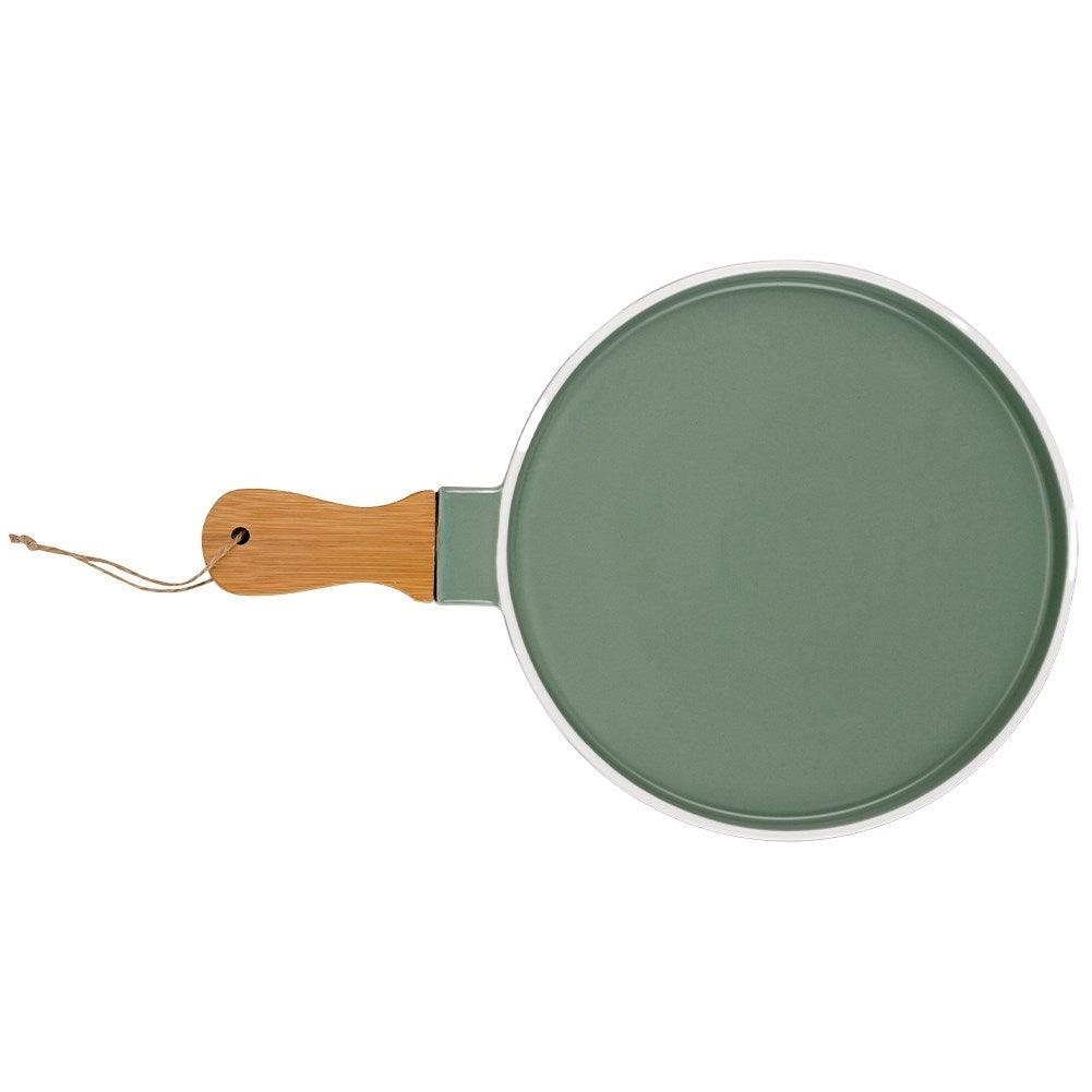 Serving platter in green porcelain and bamboo with handle
