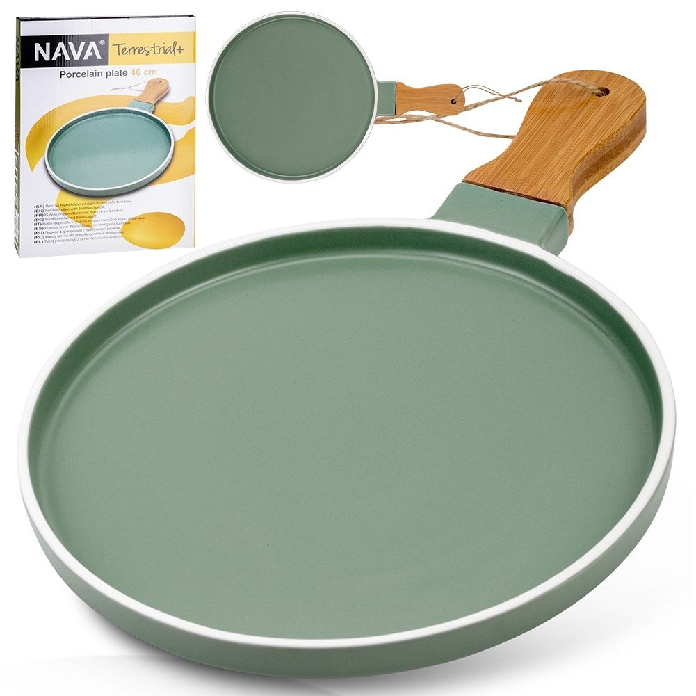 Serving platter in green porcelain and bamboo with handle