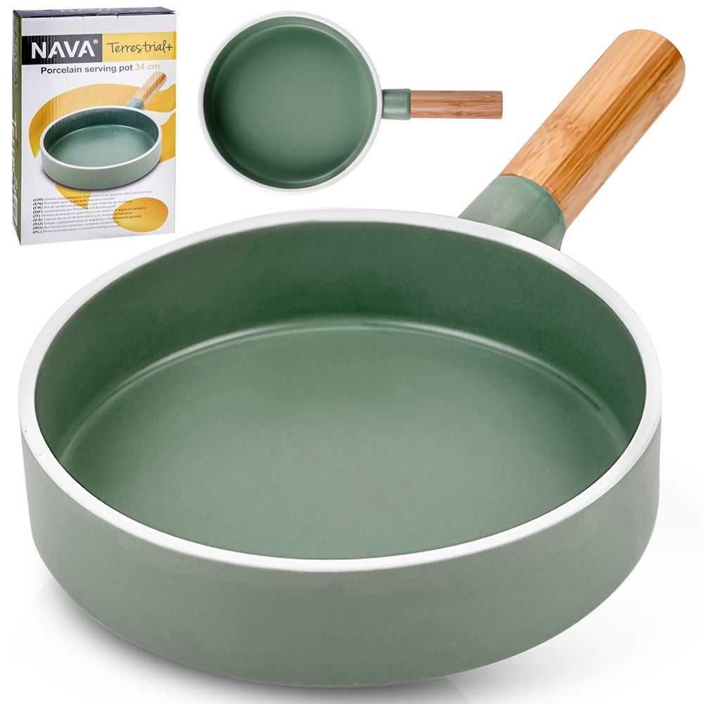 Serving platter in green porcelain and bamboo with handle