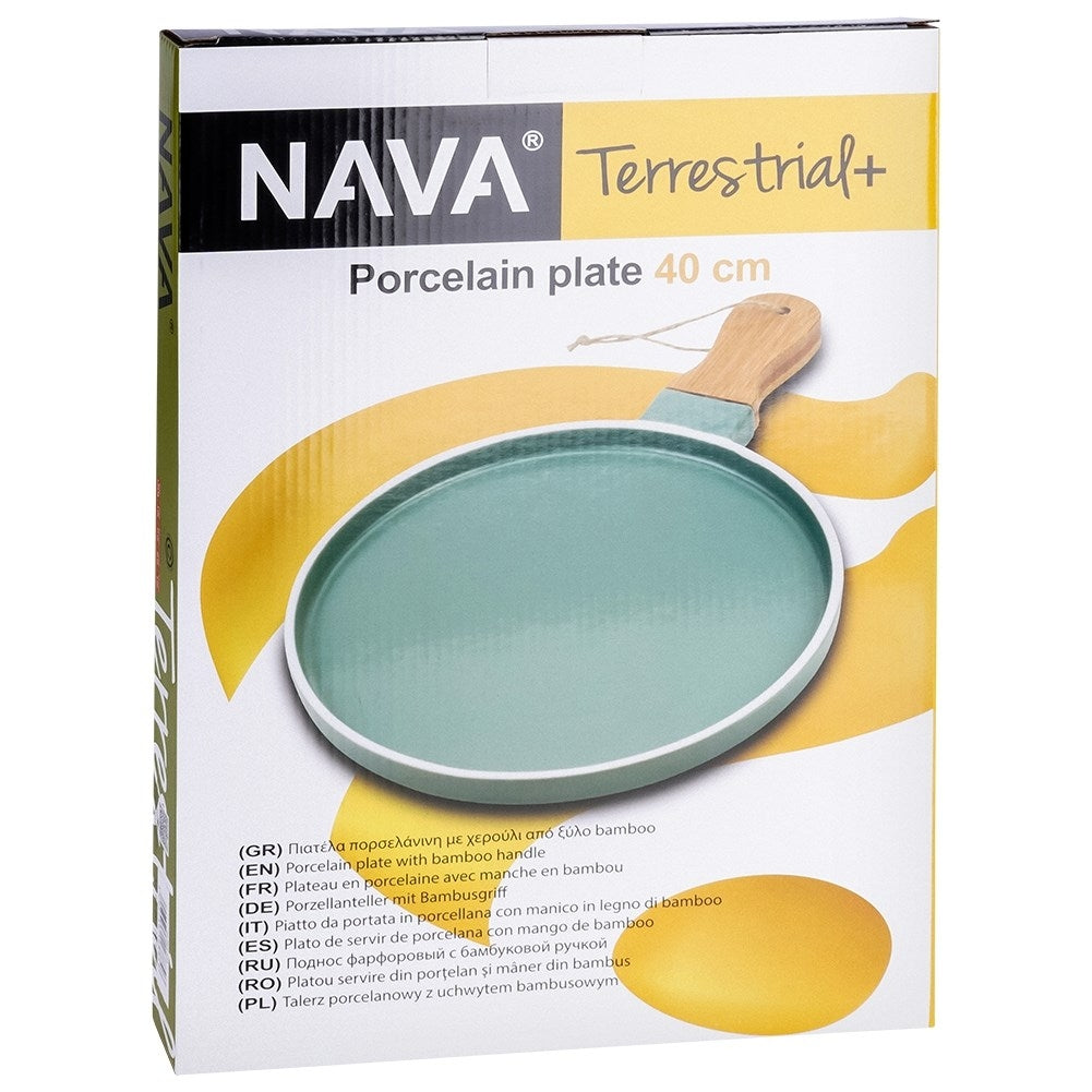 Serving platter in green porcelain and bamboo with handle