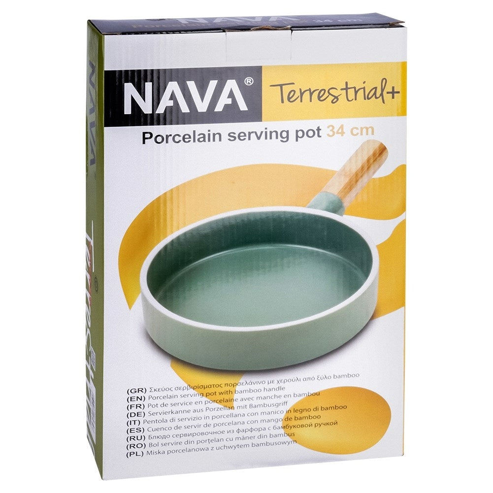 Serving platter in green porcelain and bamboo with handle