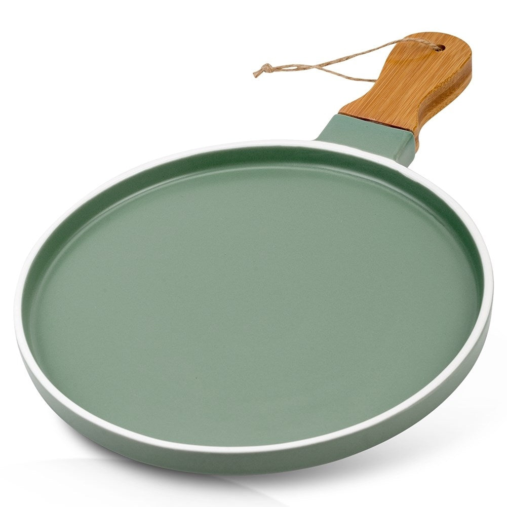 Serving platter in green porcelain and bamboo with handle