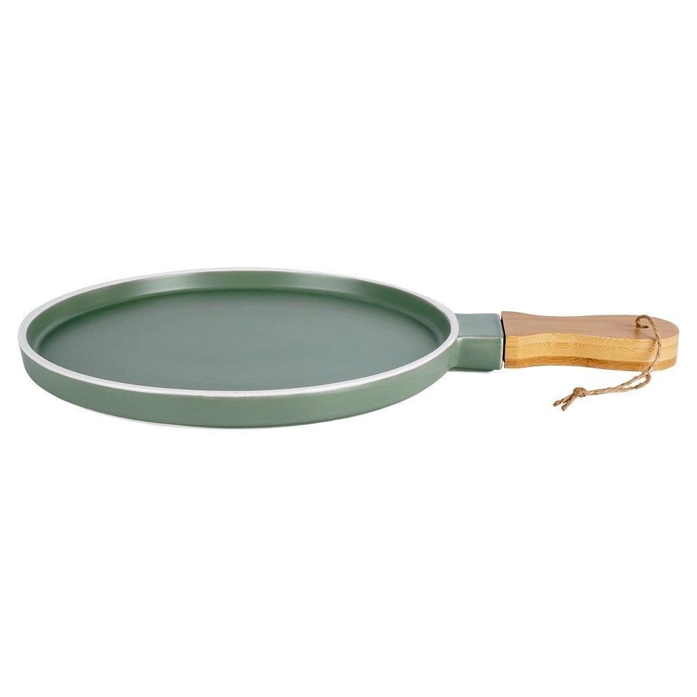 Serving platter in green porcelain and bamboo with handle