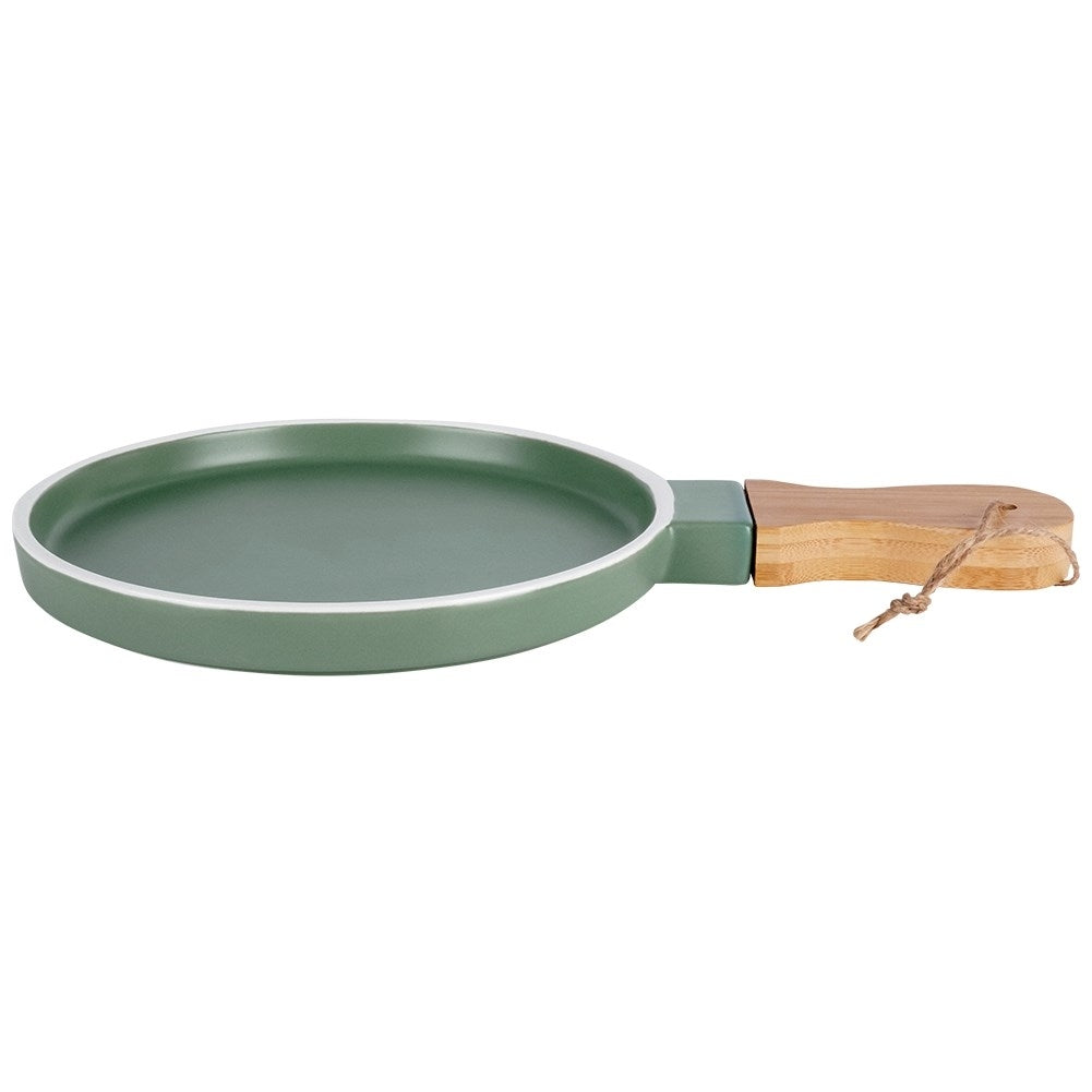 Serving platter in green porcelain with bamboo handle for snacks