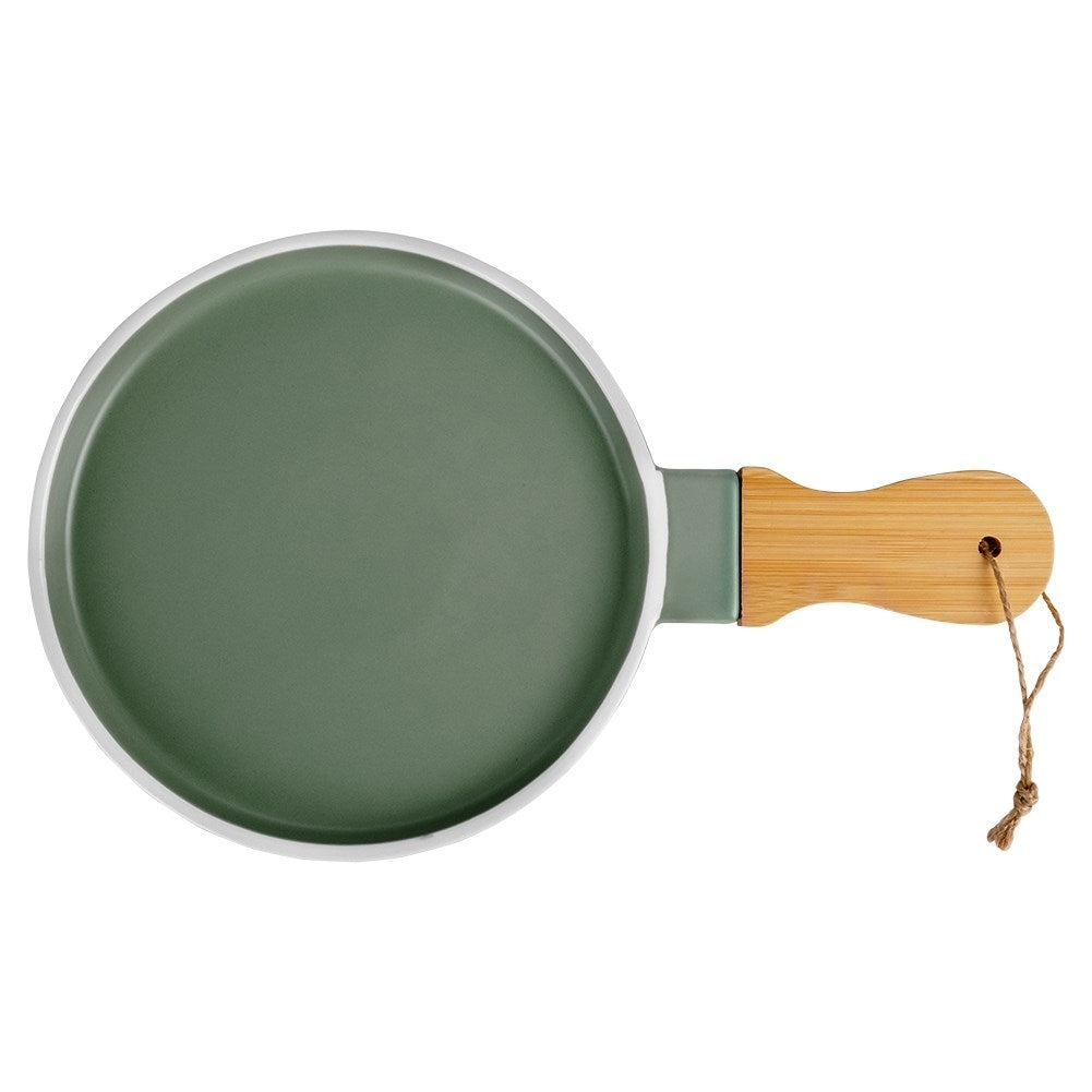 Serving platter in green porcelain with bamboo handle for snacks