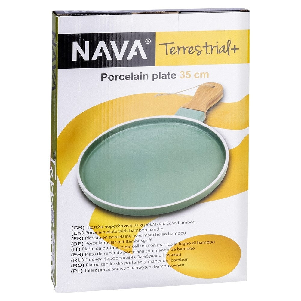 Serving platter in green porcelain with bamboo handle for snacks