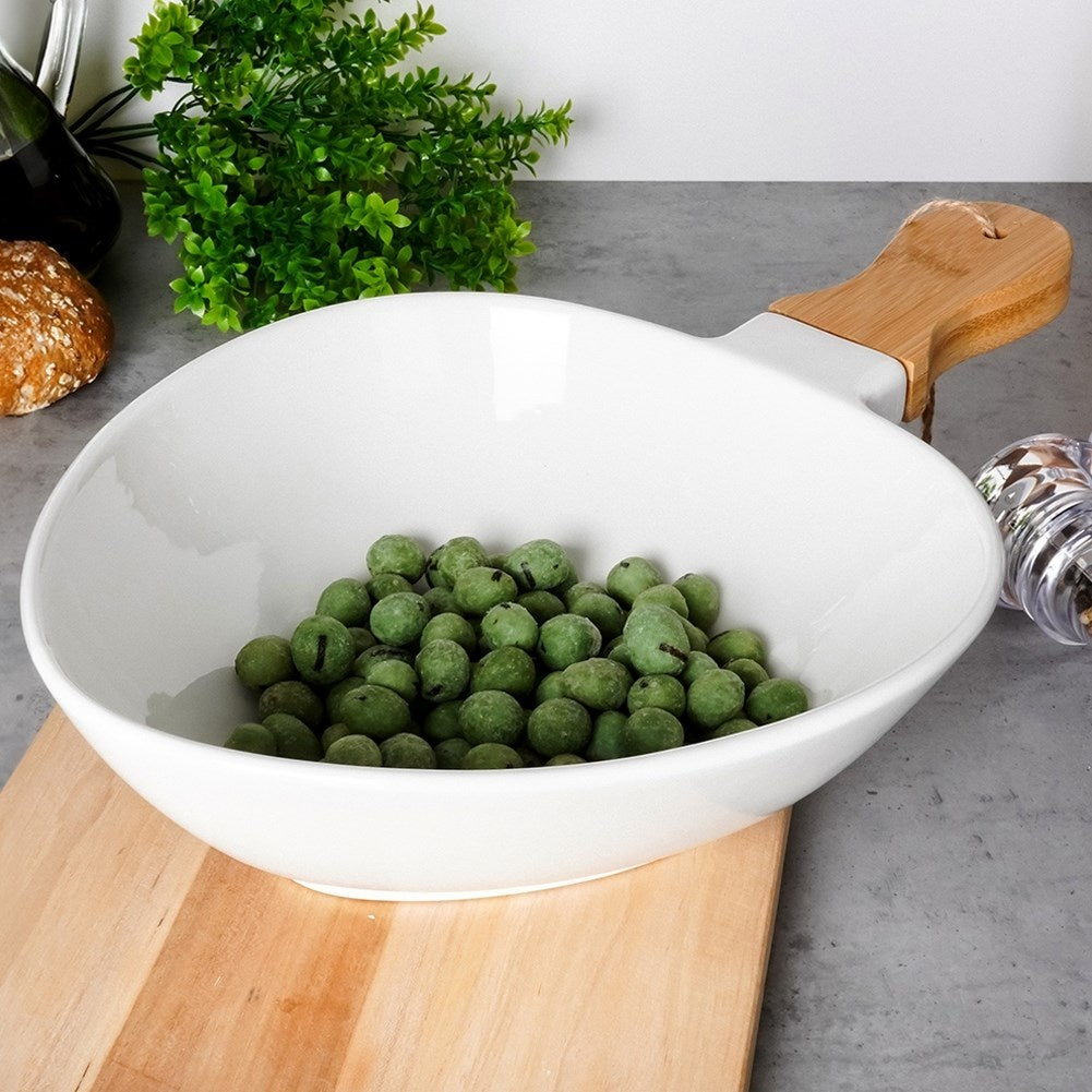Serving platter in porcelain and bamboo with handle