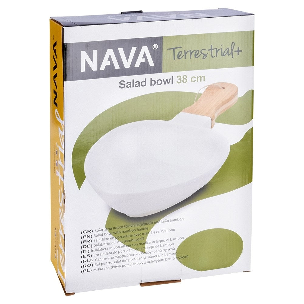 Serving platter in porcelain and bamboo with handle